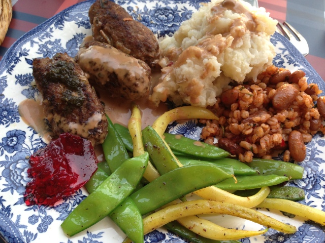 Moose meatballs and homegrown mashed potato jelly and legumes..